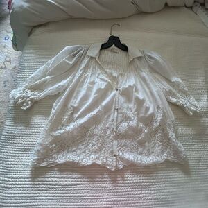 Anthropologie White Embroidered Button-Front Peasant Top
